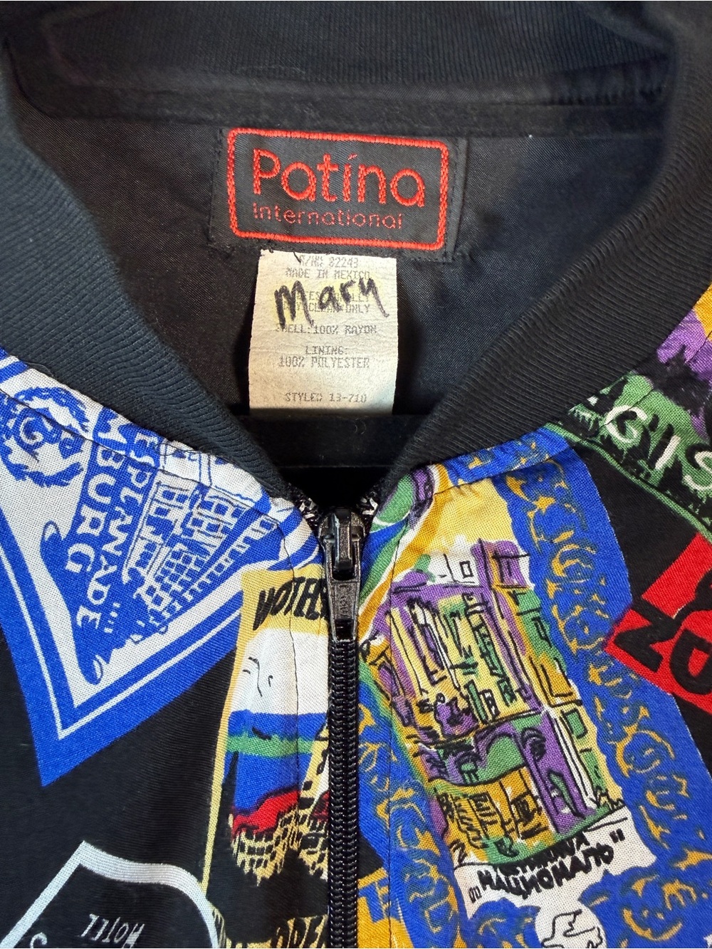 Vintage Patina International Novelty Passport Hotel Stamp Bomber Jacket Large - Picture 2 of 11